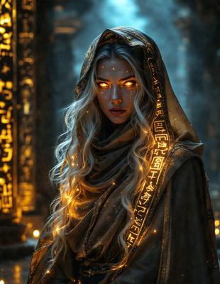 The primary subject of the image is a woman with long blonde hair, wearing a brown and gold hooded robe. She is standing in front of a backdrop of ancient stone pillars, which adds to the overall atmosphere of the scene. The visual style of the image is a combination of photo and digital art, creating a unique and intriguing appearance. The colors in the image are predominantly brown and gold, which complement the ancient stone pillars and the woman's attire. The mood of the image is mysterious and captivating, as the woman's glowing eyes and the ancient setting create a sense of enchantment and wonder.